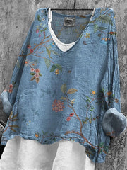 Trendy Blue V-Neck Long Sleeve Floral Print Top