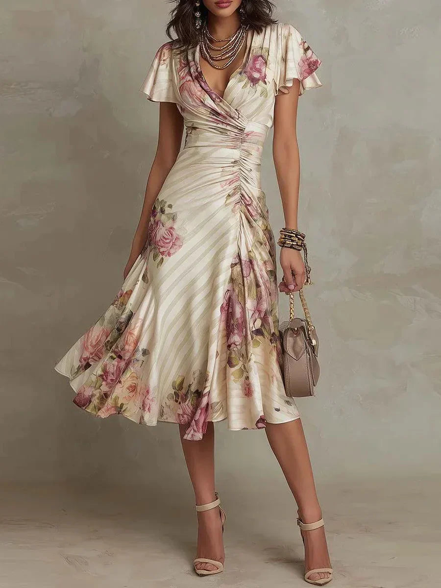 Multicolor Floral Print Short Sleeve Midi Dress