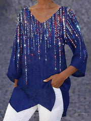 Sparkling Starlight Print Blue V-neck 3/4 Sleeve Top
