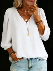 Women's Solid V-neck Loose Long-sleeved Shirt