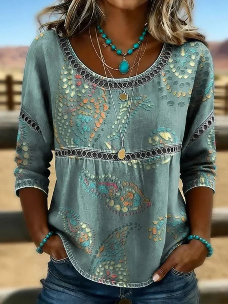Vintage Casual Round Neck 3/4 Sleeve Blouse