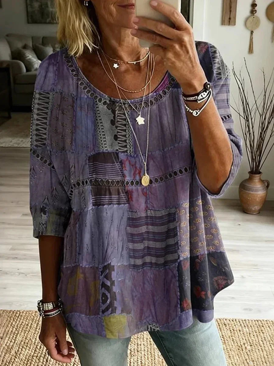 Vintage Casual Round Neck 3/4 Sleeve Blouse