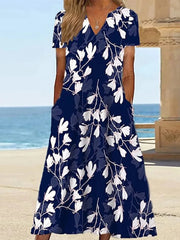 Navy Floral Side Pocket V-neck Short Sleeve Midi Dress