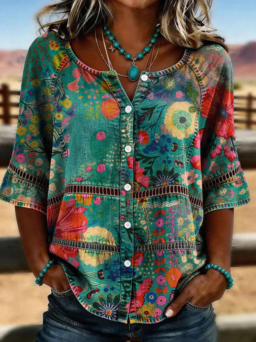 Vintage Floral Print 3/4 Sleeve Blouse