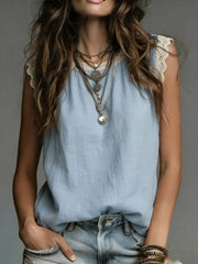 Women's Retro Round Neck Lace-paneled Sleeveless Loose-fit Shirt