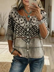 Vintage Floral Print 3/4 Sleeve Blouse