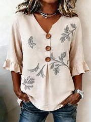 Casual Plants Print V Neck 3/4 Sleeve Blouse
