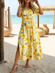 Women Floral Print Crew Neck Short Sleeve H-Line Dress