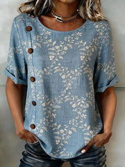 Blue Floral Print Round Neck Short Sleeve Roll-Cuff Button-Down Blouse