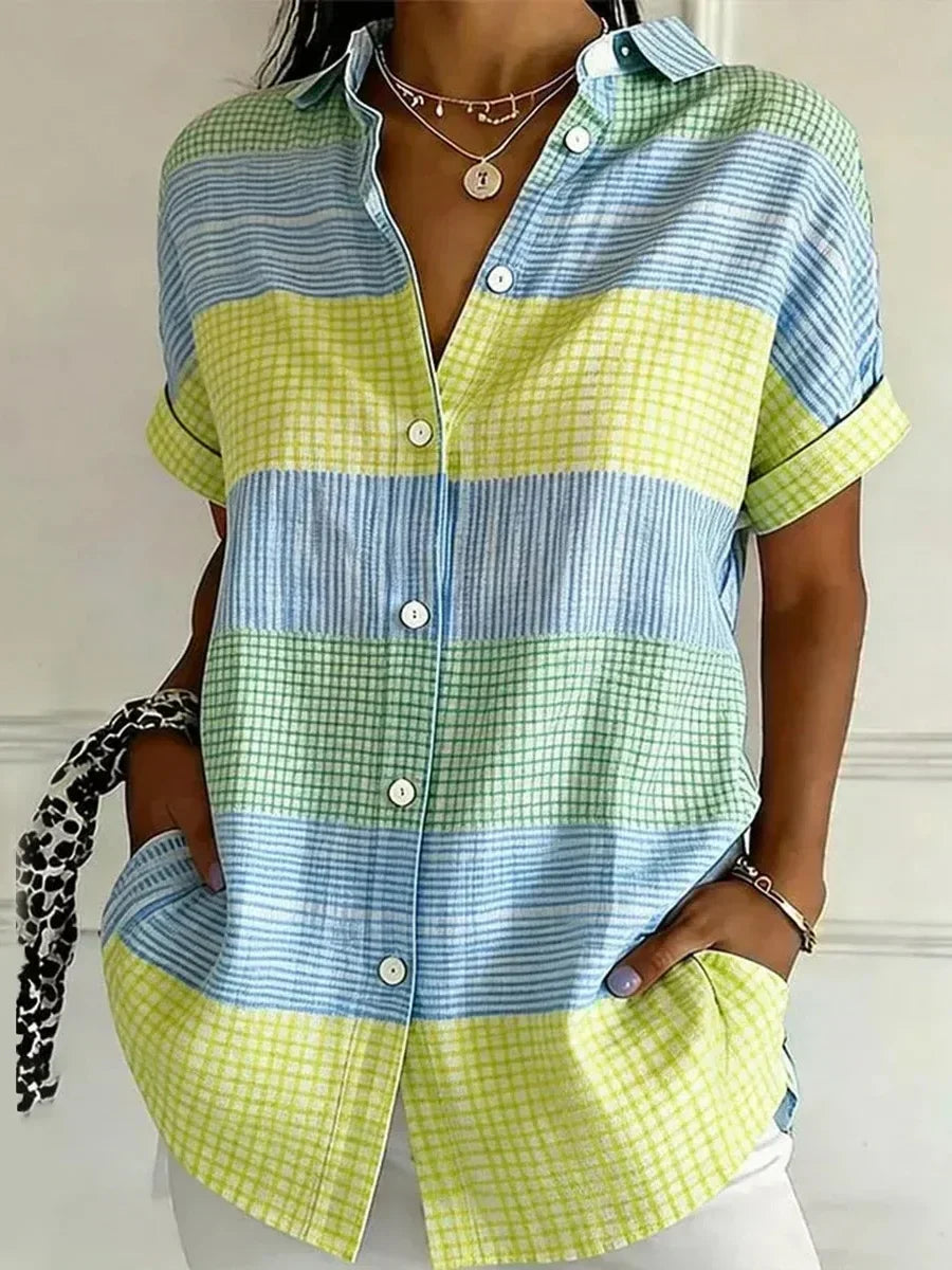Multicolor Gingham Patchwork Button-Down Short Sleeve Shirt