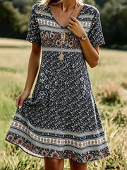 Bohemian Floral Border Print V-neck Short Sleeve A-Line Dress