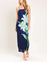 Navy Lily Print Spaghetti-Strap Bias-Cut Maxi Dress