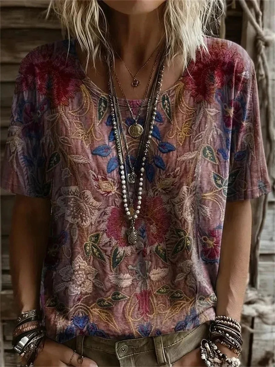 Vintage Floral Print Round Neck Short Sleeve T-Shirt