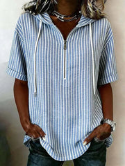 Striped Hooded Half-Zip Short-Sleeve Blouse