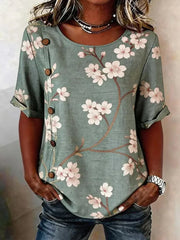 Green Cherry Blossom Print Round Neck Roll-Tab Short Sleeve Top