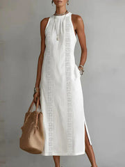 White Sleeveless Lace Trim Maxi Dress