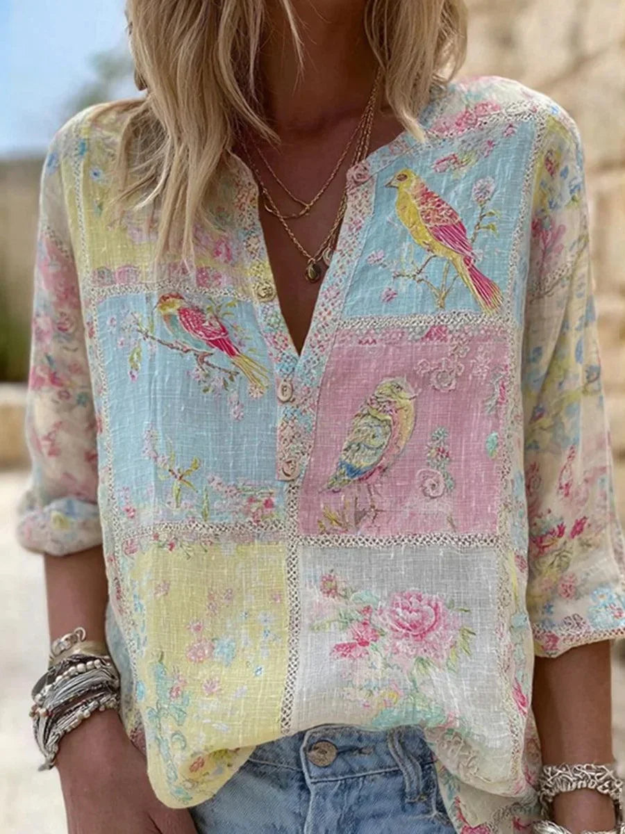 Multicolor Floral Bird Print Patchwork 3/4 Sleeve Top