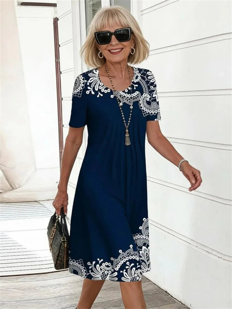 Navy Blue Floral Print Short Sleeve A-Line Dress