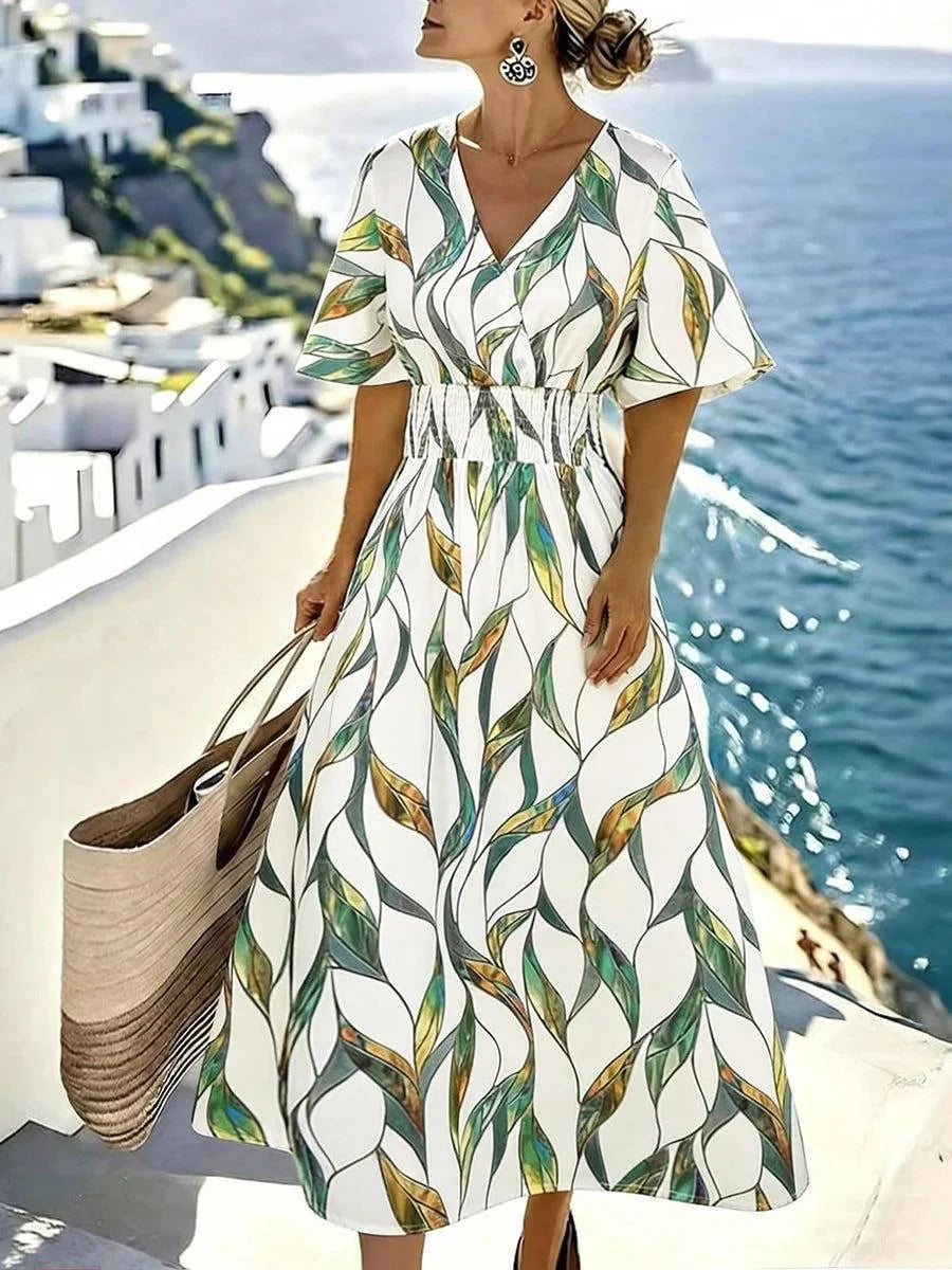 Green Leaf Print V-Neck Short Sleeve Smocked Waist Maxi Dress