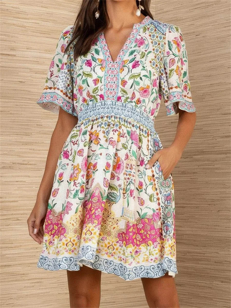 Multicolor Floral Print V-Neck Short Sleeve Smocked Waist Dress