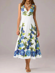White Floral Print Sleeveless V-Neck Midi Dress