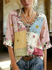 Vintage Floral Print V-neck Half Sleeve Blouse