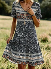 Vintage Floral Print V-neck Short Sleeve Dress