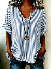 Blue Striped Rolled Sleeve Casual Blouse