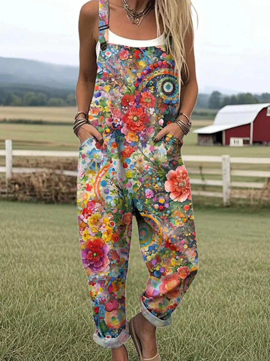 Women's Vintage Floral Pattern Art Print Casual Wide Leg Jumpsuit