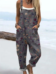 Women's Vintage Flowers Art Print Casual Wide Leg Jumpsuit