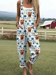Women's Highland Cow Floral Print Casual Wide Leg Jumpsuit