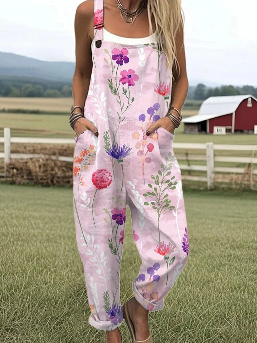 Women's Vintage Flower Art Print Casual Wide Leg Jumpsuit