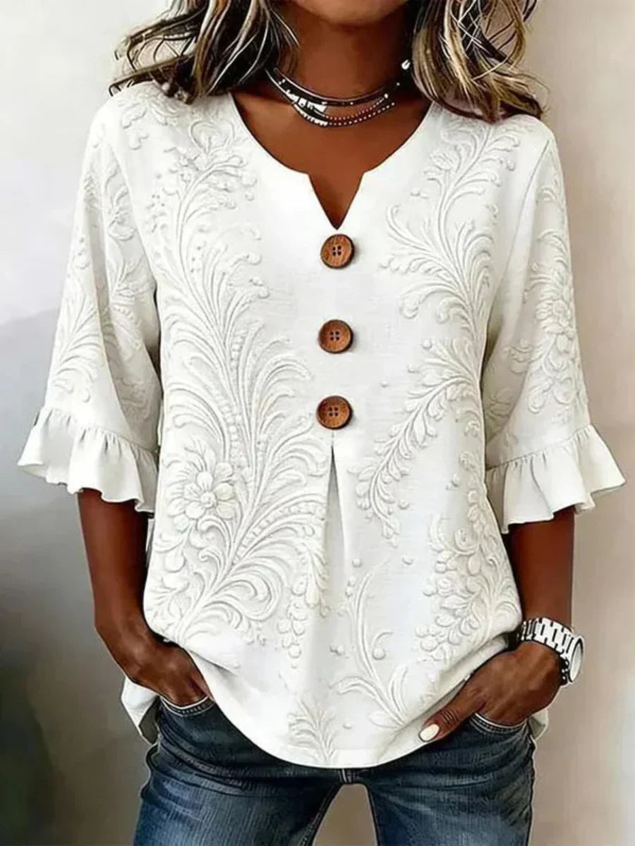 Vintage Floral Print V-neck 3/4 Sleeve Blouse