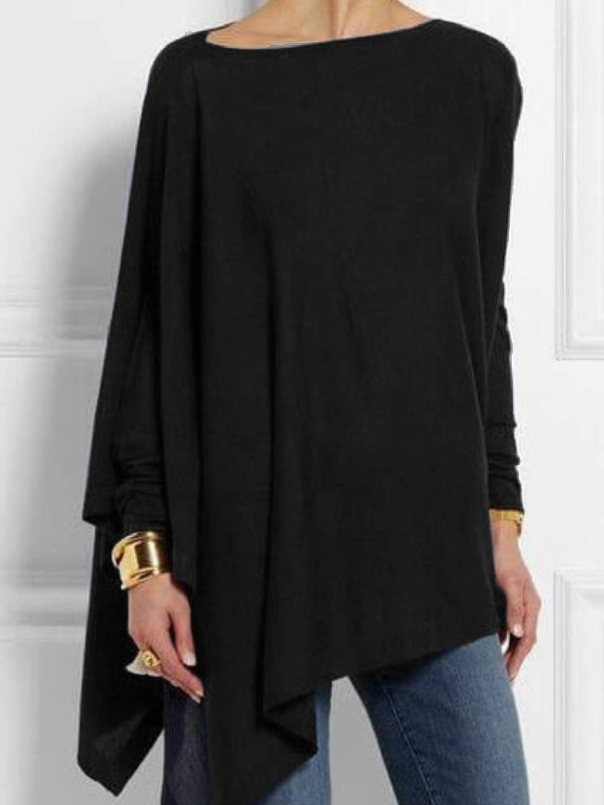 Plain Round Neck Long Sleeves Asymmetrical Tops