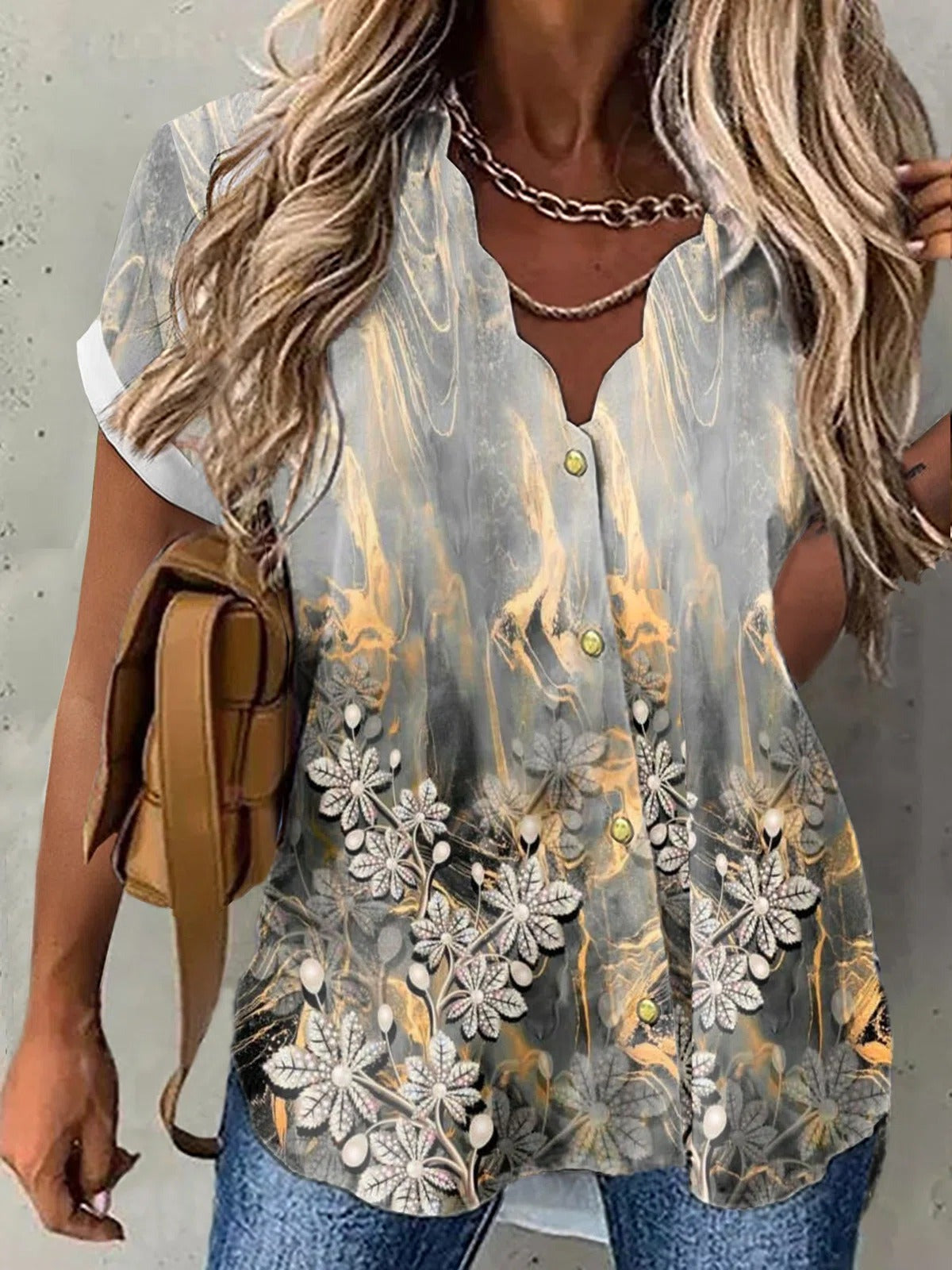 Leaf Print V-neck Buttons Short Sleeves Blouse