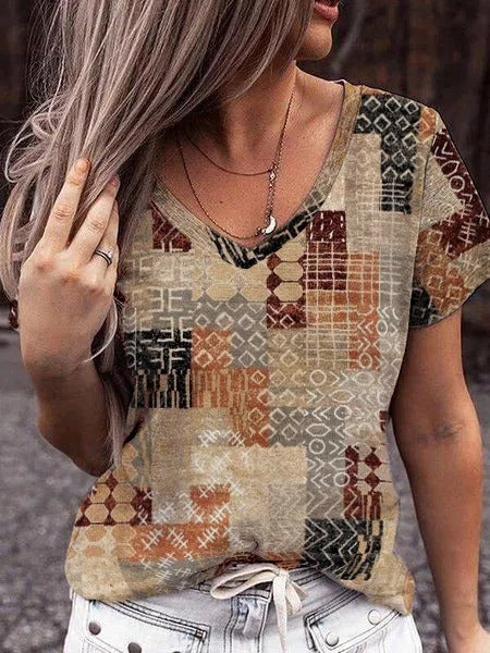 Geometric Print V-neck Short Sleeves T-shirt