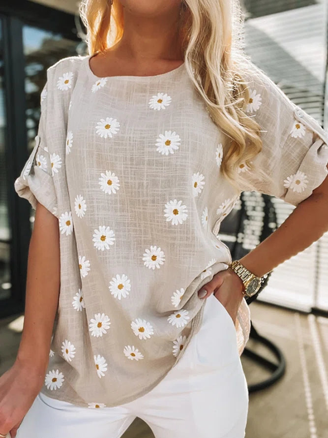 Daisy Print Round Neck Long Sleeves Blouse