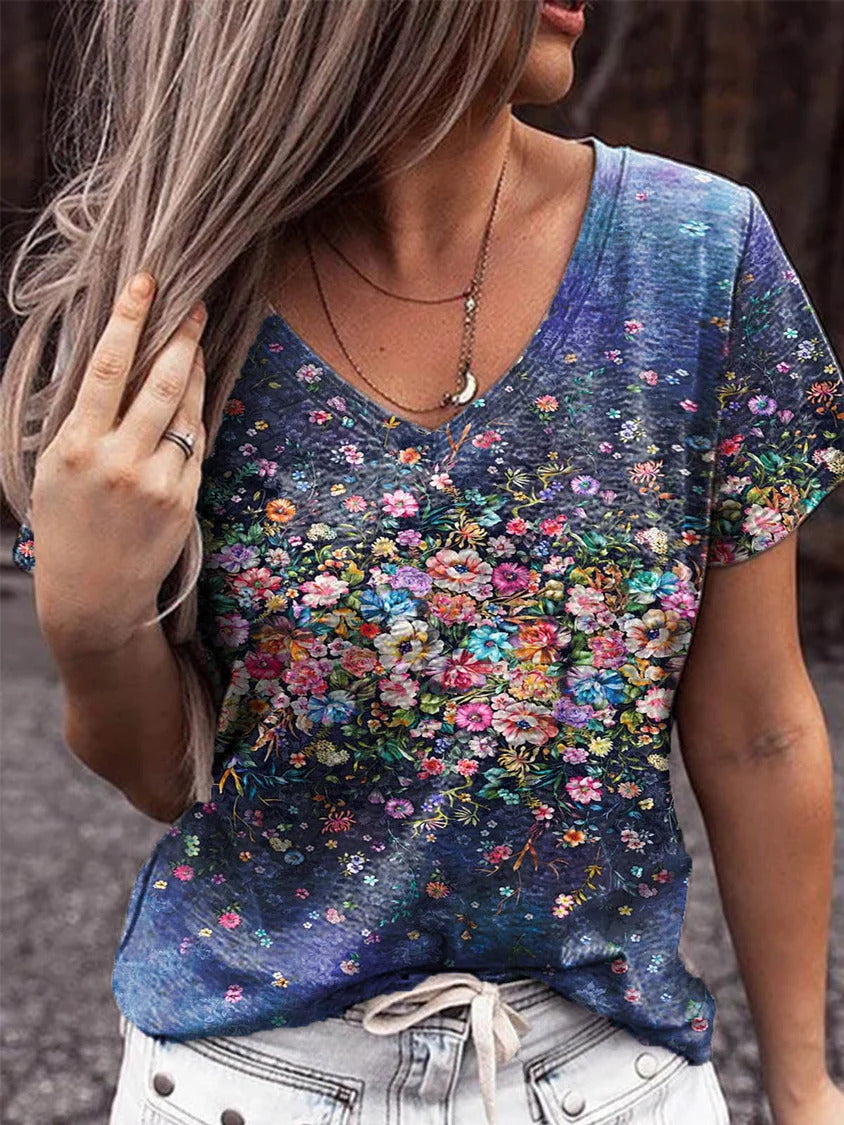 Floral Print V-neck Short Sleeves Casual T-shirt