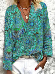 Ethnic Tribal Print V-neck Long Sleeves Blouse