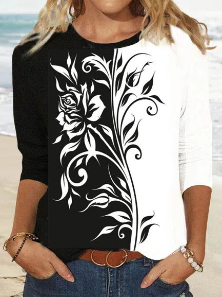 Floral Print Patchwork Crew Neck Long Sleeves Sweatshirt
