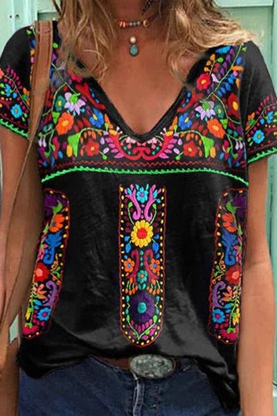 Ethnic Print V-neck Casual Short Sleeves T-shirt