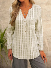 Plaid V-neck Buttons Casual Long Sleeves Blouse