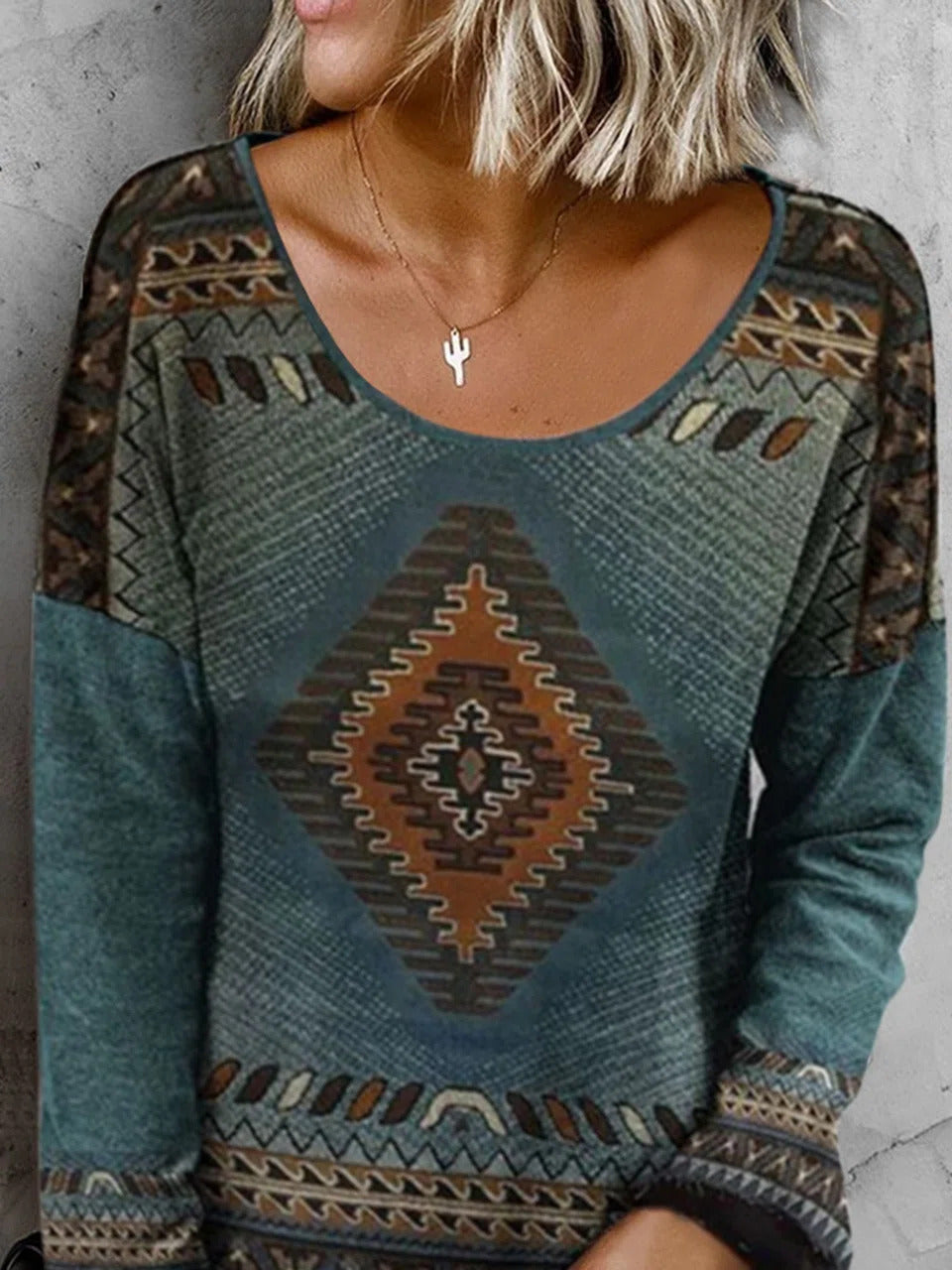 Ethnic Tribal Print Scoop Neck Long Sleeves Sweatshirt