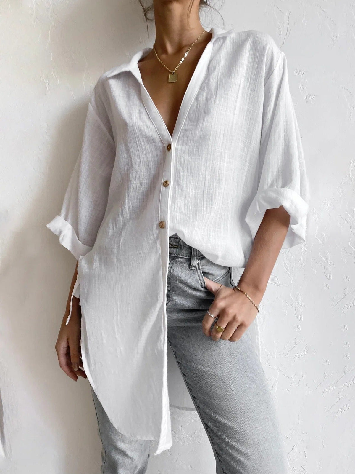 Solid Color Collared Buttons Long Sleeves Blouse