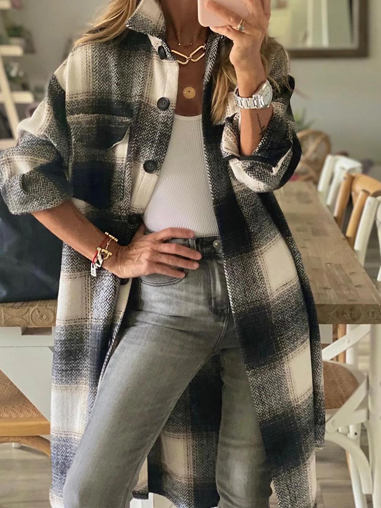 Plaid Lapel Long Sleeves Buttons Long Shirts Jacket