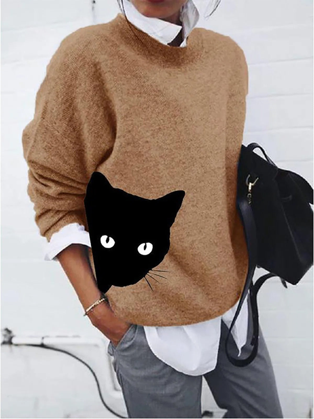 Cat Print High Neck Long Sleeves Casual Sweater