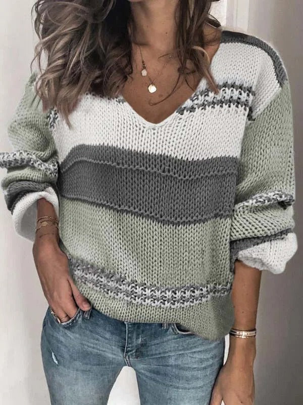 Color Block Patchwork V-neck Long Sleeves Sweater