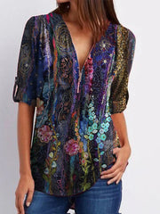 Floral Print V-neck Zipper Casual Long Sleeves Blouse