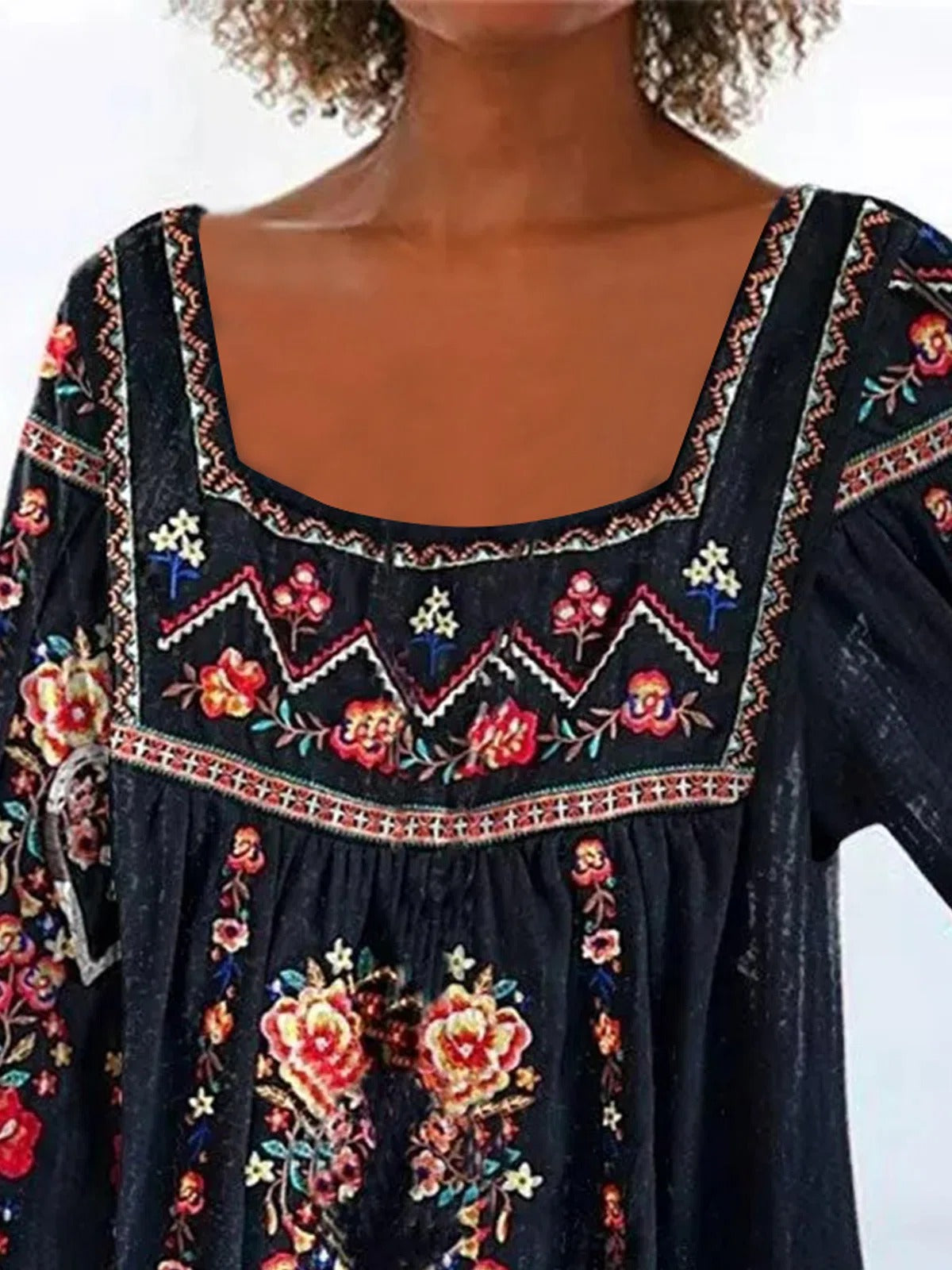 Tribal Floral Print Square Neck 3/4 Sleeves Blouse