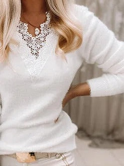 Solid Color V-neck Lace Casual Long Sleeves Sweater